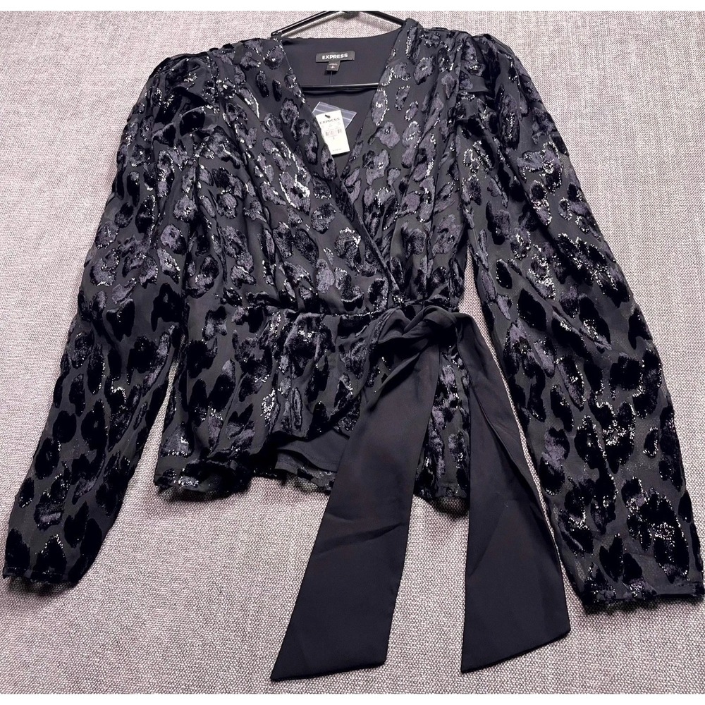Express Velvet Wrap Top Women Small Black Pleated Leopard Print Embossed Shimmer